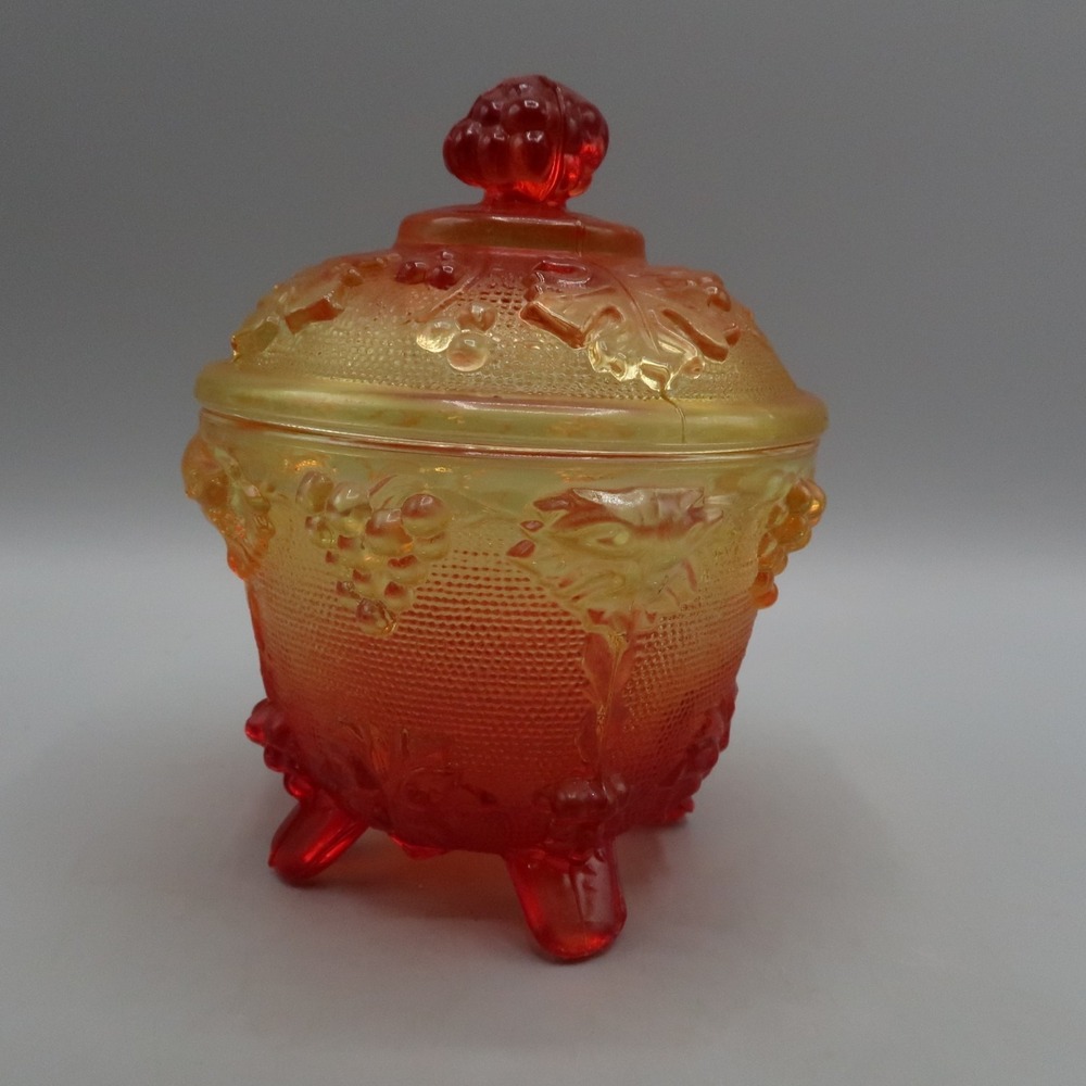 Vintage Jeanette Glass Amberina Carnival Glass Footed Candy Bowl Lid Grapes 5"